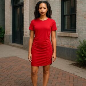 Women’s red short sleeve ruched cotton casual t-shirt dress